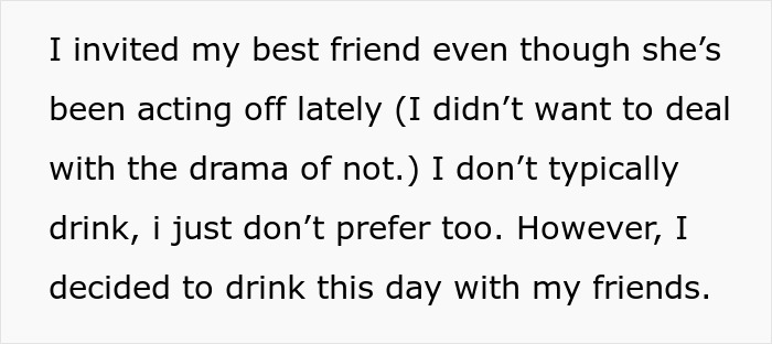 Screenshot of text about inviting a best friend to a party and drinking, mentions Mentally Unstable Woman Screenshot of text about inviting a best friend to a party and drinking, mentions Mentally Unstable Woman