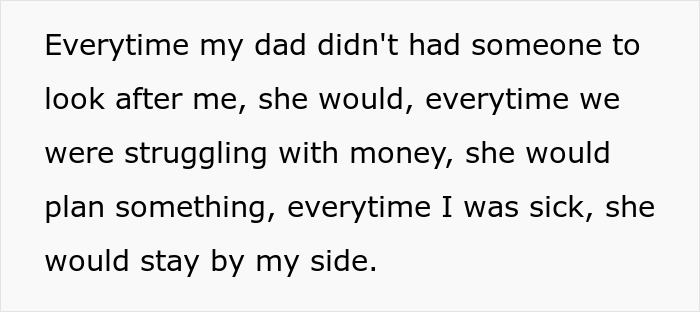 Text image with a daughter describing how her dad's bestie supported her during tough times before her wedding honoring him as mom.