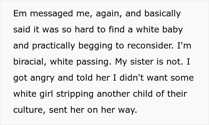 Text message about difficulty finding a white baby, discussing biracial identity and cultural concerns in adoption.
