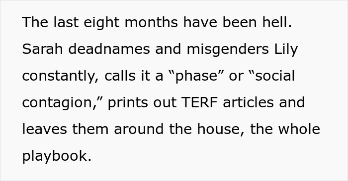Text describing family conflict as wife shows transphobic behavior after son comes out, causing tension in the family. Text describing family conflict as wife shows transphobic behavior after son comes out, causing tension in the family.