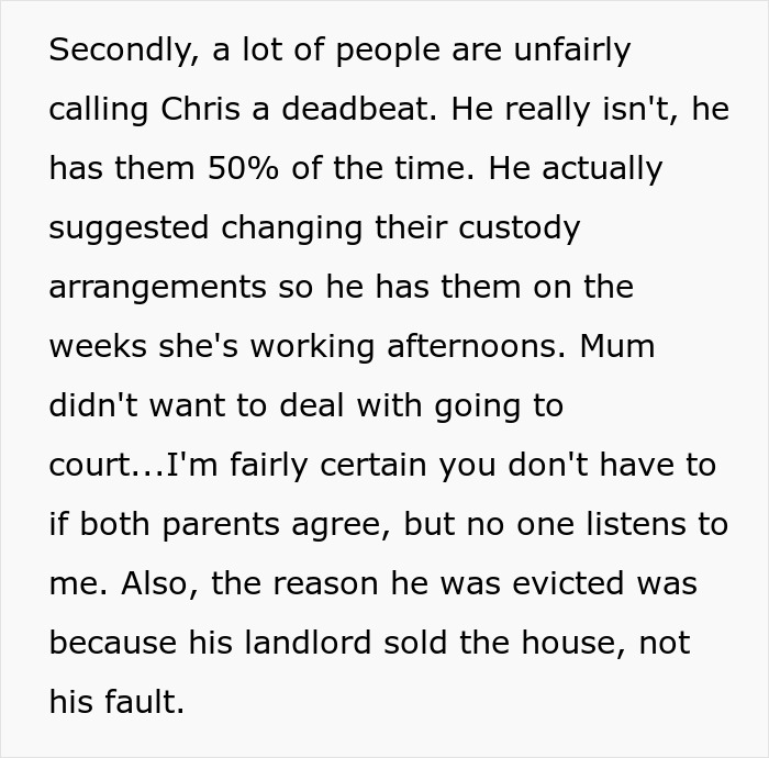 Text excerpt discussing family conflict and childcare issues after a 23-year-old moves out, impacting custody arrangements.