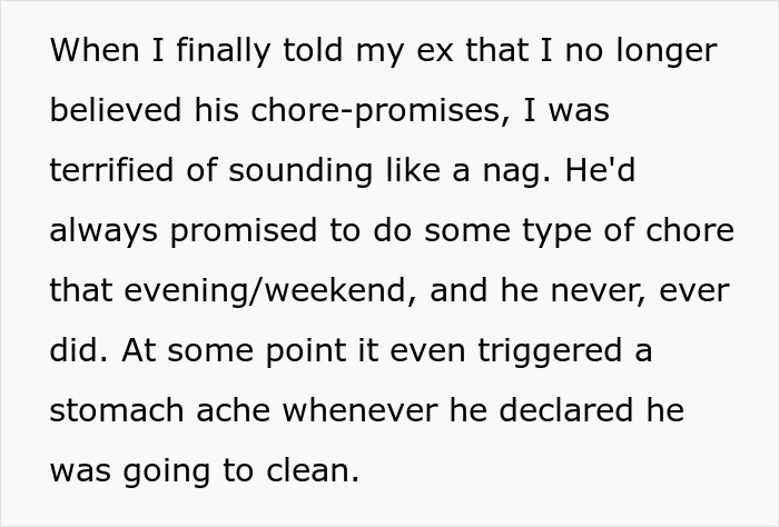 Text excerpt describing a tired single woman noticing a pattern men follow in relationships involving unmet chore promises.