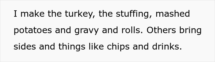 Text about preparing turkey, stuffing, mashed potatoes, and rolls, highlighting a woman addressing a food allergy pretender.