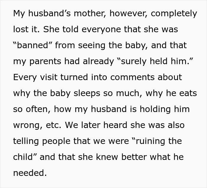 Text excerpt about a mother-in-law reacting negatively after a daughter-in-law’s premature birth and baby care. Text excerpt about a mother-in-law reacting negatively after a daughter-in-law’s premature birth and baby care.
