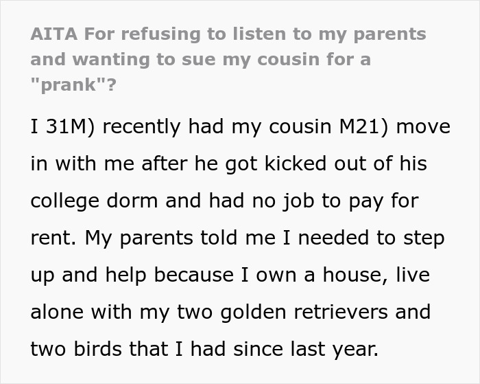 Text excerpt describing a man demanding cousin pay after a cruel prank and the aunt&rsquo;s surprising reaction.
