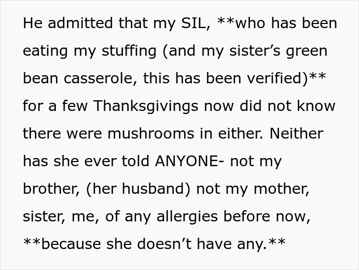Text explaining a woman calling out her sister-in-law for pretending to have a food allergy during Thanksgiving meals.