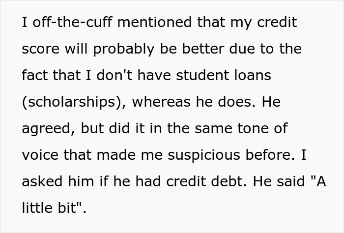 Text showing a woman suspects her boyfriend built their relationship on lies after suspicious credit debt answers.