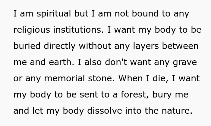 Text about a guy&rsquo;s family and hometown reacting after he says he doesn&rsquo;t want a funeral or memorial service.