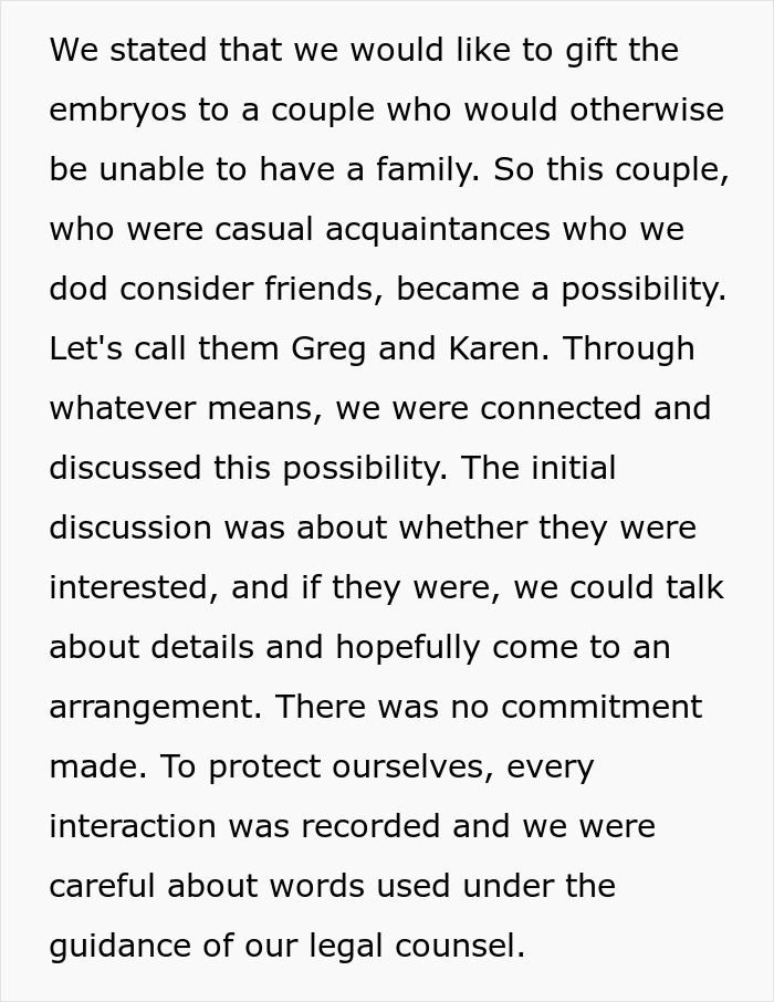 Text excerpt discussing a couple's decision about embryos after uncovering a friend's true colors and legal advice involved. Text excerpt discussing a couple's decision about embryos after uncovering a friend's true colors and legal advice involved.