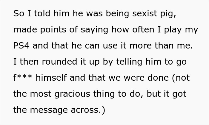 Text message discussing a guy mocking his girlfriend for playing video games to unwind, calling it ladylike.