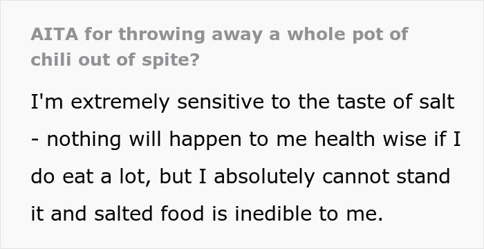 Text excerpt about sensitivity to salt taste and throwing away a pot of chili after it was salted by boyfriend in a relationship conflict.