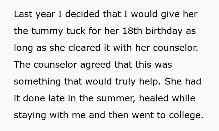 Text showing a story about an aunt paying for her niece&rsquo;s tummy tuck after counselor approval in a supportive family drama.