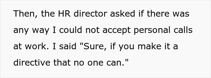 Text excerpt showing HR director discussing restrictions on personal calls at work in a professional setting. Text excerpt showing HR director discussing restrictions on personal calls at work in a professional setting.