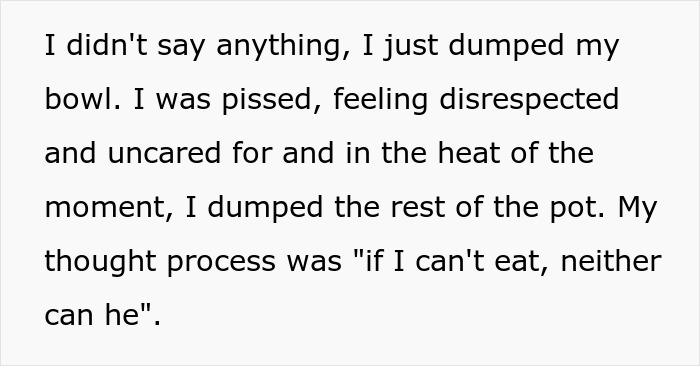 Text excerpt showing a woman feeling disrespected, dumping a salted pot of chili with the thought if I can’t eat, neither can he.