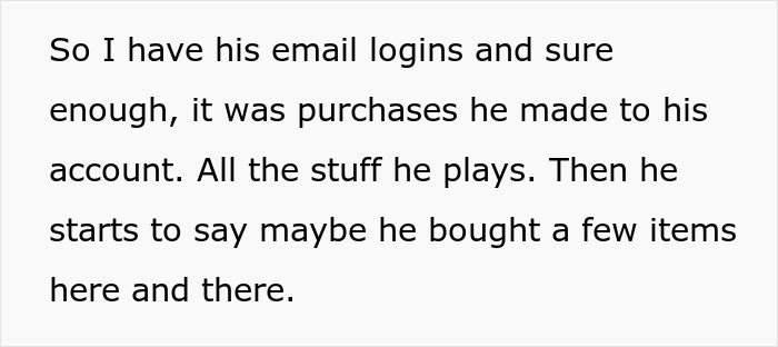 Text excerpt showing a person explaining how they confirmed game purchases using email logins after their nephew used their credit card. Text excerpt showing a person explaining how they confirmed game purchases using email logins after their nephew used their credit card.