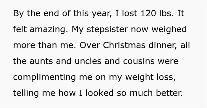 Text excerpt about a guy&rsquo;s weight loss journey and family complimenting his progress during Christmas dinner.