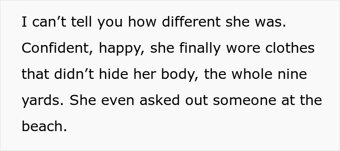 Text excerpt showing a niece&rsquo;s transformation and confidence after aunt pay niece tummy tuck drama resolution.