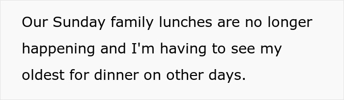 Text image showing a message about family lunches no longer happening and having dinner with oldest child on other days. Text image showing a message about family lunches no longer happening and having dinner with oldest child on other days.