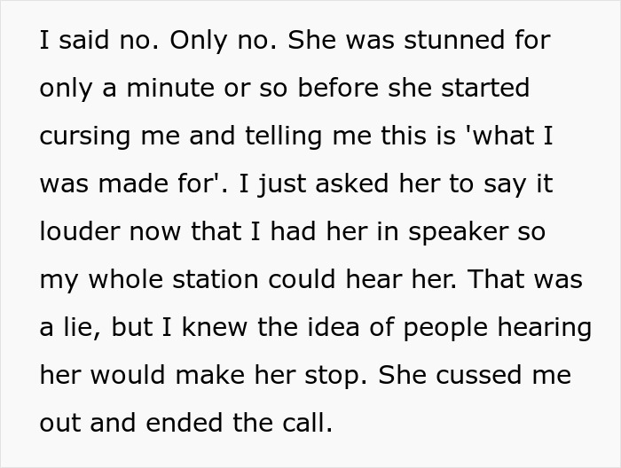 Text excerpt describing a woman’s refusal after lifelong sacrifice as spare parts for her brother during a tense phone call. Text excerpt describing a woman’s refusal after lifelong sacrifice as spare parts for her brother during a tense phone call.