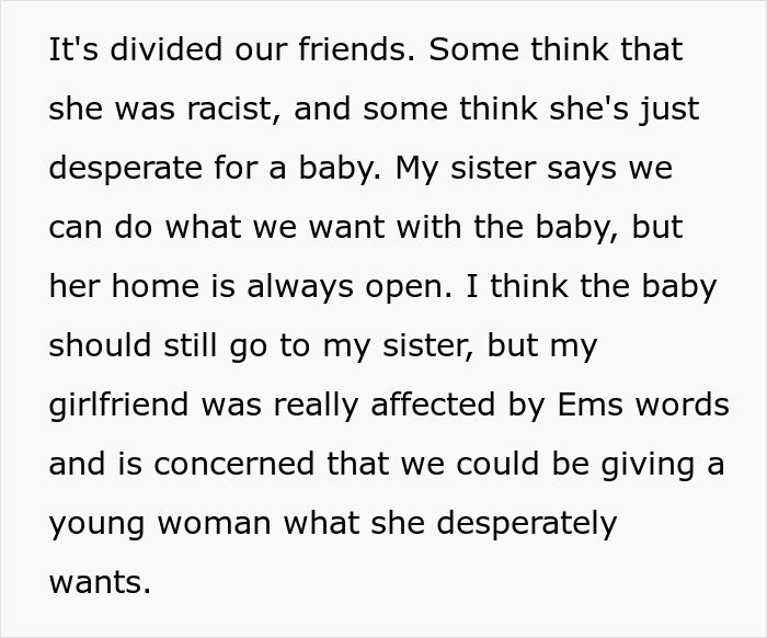 Text discussing a racial controversy involving a lady wanting her friend's white baby and adoption concerns.