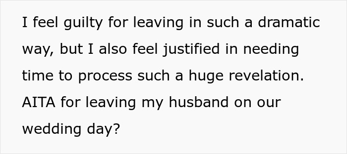 Text excerpt discussing a bride feeling guilty yet justified after overhearing groom’s revelations and leaving him on wedding day. Text excerpt discussing a bride feeling guilty yet justified after overhearing groom’s revelations and leaving him on wedding day.