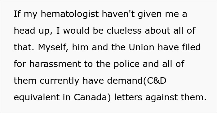 Text excerpt about harassment filed with police after telling family no funeral, highlighting hometown phone messages.