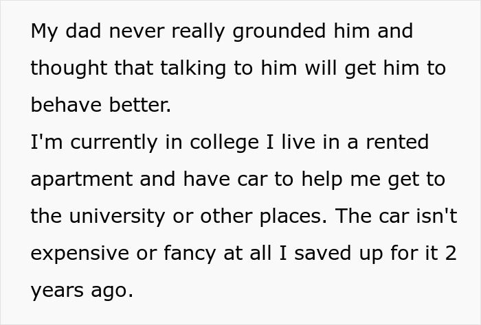 Screenshot of a text about a college student whose half-brother stole her car, causing family conflict.