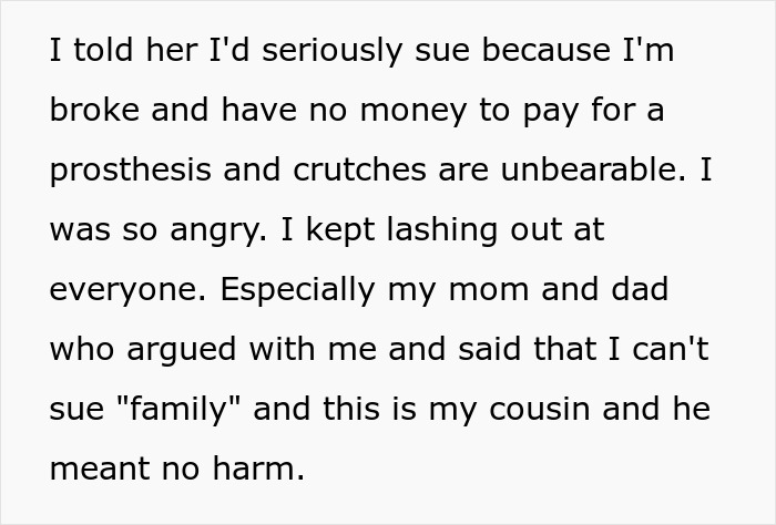Text excerpt showing a man demanding cousin pay for his cruel prank and facing backlash from family members.