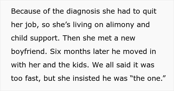 Text excerpt about a woman dealing with alimony, child support, and a new boyfriend moving in with her and her kids. Text excerpt about a woman dealing with alimony, child support, and a new boyfriend moving in with her and her kids.