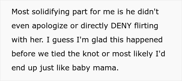 Text showing a comment about a guy shamelessly flirting with his baby mama while she babysits, upsetting his girlfriend.