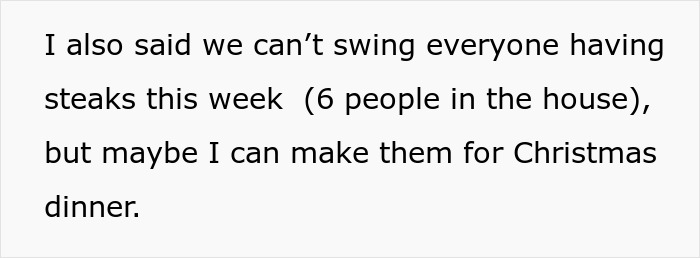 Text showing a message about not being able to provide steaks for six people, with a suggestion to make them for Christmas dinner.