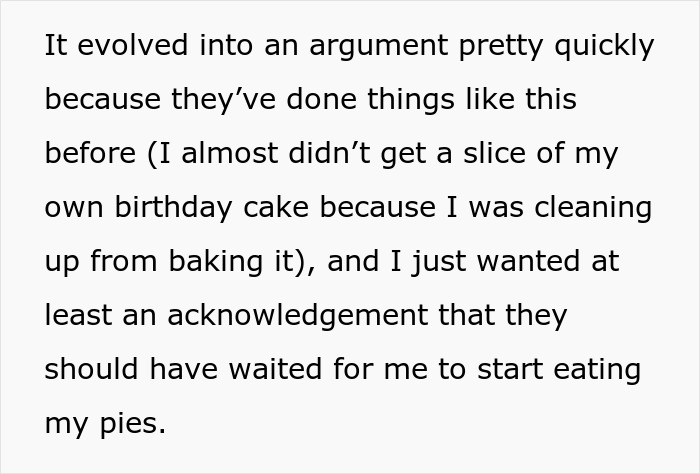 Text excerpt about argument over relatives eating homemade pies without permission, highlighting pie conflict and misunderstanding.