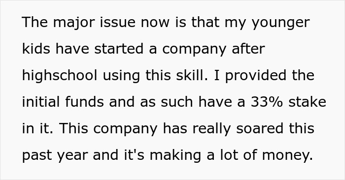 Text about man upset as dad didn’t pass on craft skills, while half-brothers start a successful business using them. Text about man upset as dad didn’t pass on craft skills, while half-brothers start a successful business using them.