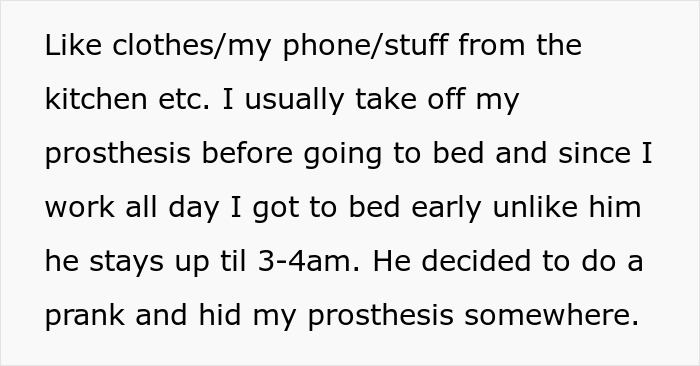Text excerpt about a man&rsquo;s prosthesis prank by his cousin and the surprising reaction from his aunt.