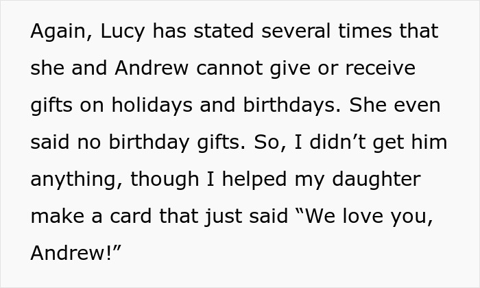 Text excerpt discussing Jehovah's Witness mom and birthday gift restrictions for her kid Andrew.