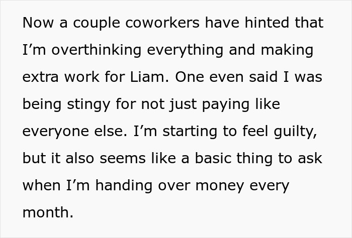 Text excerpt discussing overthinking payment issues and feeling guilty about not paying without receipts from a shady fund manager.