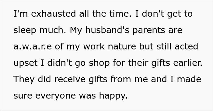 Text excerpt showing a woman explaining exhaustion and issues with husband&rsquo;s parents during Christmas preparations.