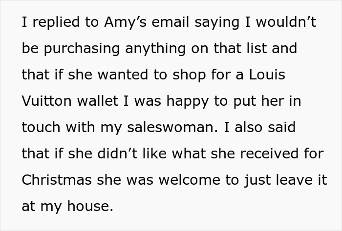 Alt text: Excerpt from email discussing refusal to buy items on sil Christmas gift list and offering alternative gift options.