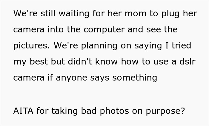 Text from woman explaining she took bad family photos on purpose after homophobic MIL excluded her from pictures