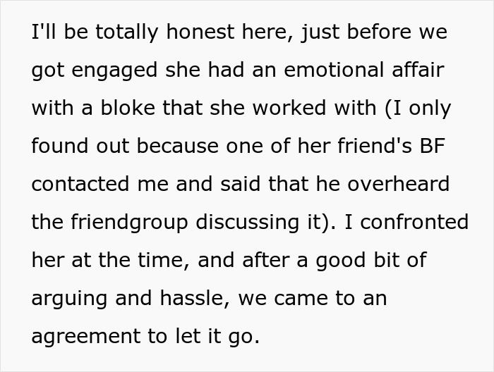 Text excerpt from a man sharing his experience with his fianc&eacute;e&rsquo;s emotional affair months before wedding.