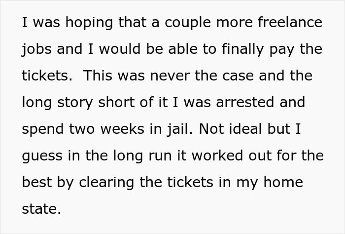 Text excerpt about paying tickets, jail time, and family stalking a guy they disowned, reflecting shame, guilt, and embarrassment.