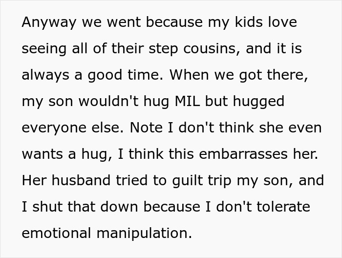 Text excerpt discussing step-grandpa, kids, hugs, and emotional boundaries in family interactions.
