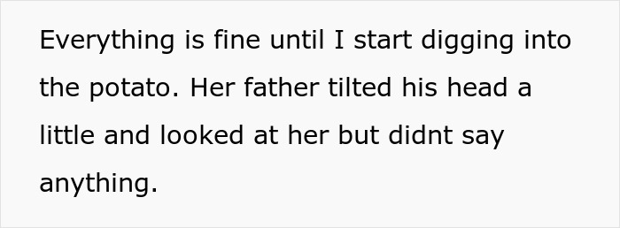 Text excerpt about a guy eating a baked potato the way he likes it, causing confusion with fianc&eacute;e&rsquo;s mother.