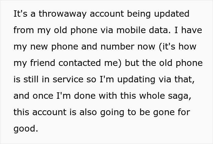Text message about using a throwaway account on an old phone to update status before deleting the account for good.