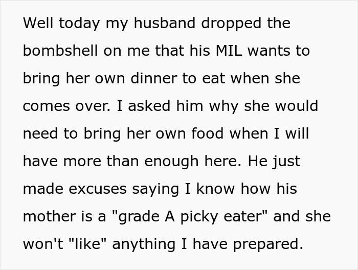 Text about a picky-eater MIL demanding to bring her own food to Thanksgiving, causing tension with DIL. Text about a picky-eater MIL demanding to bring her own food to Thanksgiving, causing tension with DIL.