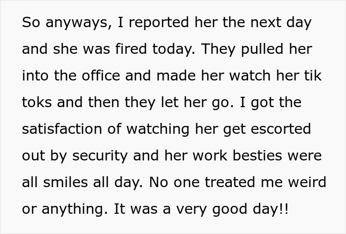 Text screenshot describing a woman putting a coworker on blast on social media and the coworker getting fired afterward. Text screenshot describing a woman putting a coworker on blast on social media and the coworker getting fired afterward.