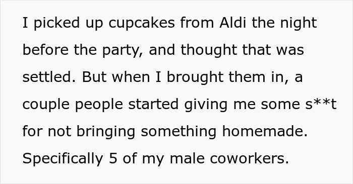 Text describing office potluck store bought dessert drama with coworkers reacting to store-bought cupcakes versus homemade.