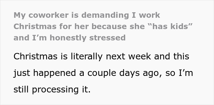 Text post about a coworker expecting a day off on Christmas due to having kids, causing stress and confusion.