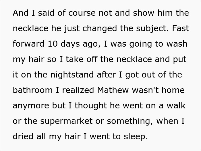 Woman reflecting on a breaking-up ultimatum over ring, showing a necklace on a nightstand in a bedroom setting.