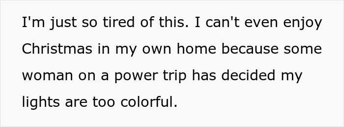 Alt text: Woman expressing frustration after HOA fines for too festive Christmas decorations and colorful holiday lights Alt text: Woman expressing frustration after HOA fines for too festive Christmas decorations and colorful holiday lights